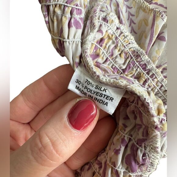 Perry Walker Collective Purple & Yellow Silk Floral Smocked Ruffle Sleeve Top - Picture 10 of 10